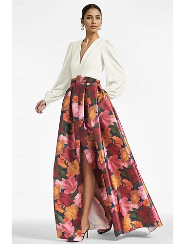  Βραδινό φόρεμα σε γραμμή A,High Split Dress Formal Wedding Guest Floor Length Long Sleeve V Neck Belt  Sash Satin Floral Print Slit 2025