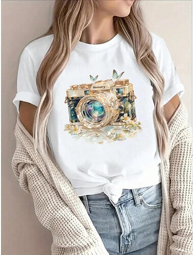  Damen T-Shirt 100% Baumwolle Casual Kurzarm Weiß Sommer