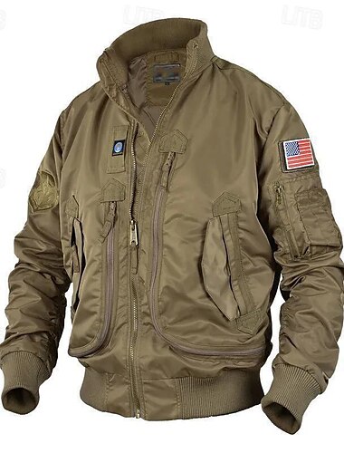  Men's Outdoor Jacket Bomber Jacket Transition Jacket Tactical Jacket Outdoor Daily Soft Multiple Pockets Spring &  Fall Plain National Flag Casual Comfortable Stand Collar Regular Black Khaki Army
