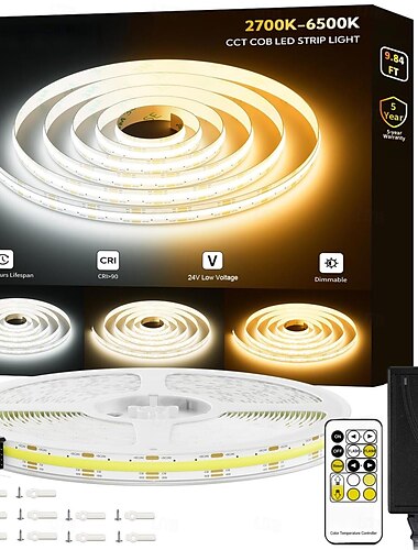  3M 5 m 7m Tiras LED Flexibles Conjuntos de luces 608 LED COB 10 mm 1 conjunto de soporte de montaje 1 cable de CA Fuente de alimentación 1 * 24V 3A 1 juego Blanco Cálido Tiras de Luces LED Fiesta