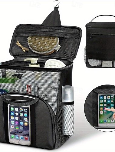  wasserdichter hängender Duschkorb-Organizer mit 7 flexiblen Haltern. Schnell trocknender Kulturbeutel aus Netzmaterial mit berührungsfreundlicher Tasche für Smartphones. Wandmontierte Duschtasche für
