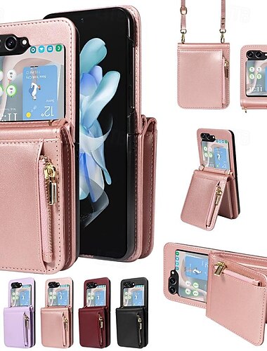  telefon Carcasă Pro Samsung Galaxy Z Flip 6 Z Flip 5 Pouzdro na peněženku se stojánkem Zip s Lanyardem Retro TPU PU kůže