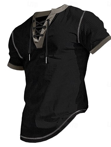  Homens Camisa Waffle Henley Camisa Henley Camisa de manga curta T-shirt Manga Curta Decote V Henley Verão Retalhos Moda Diário Cordões Com Cordão Ao ar livre Rua Casual Preto Branco Azul Marinha Top