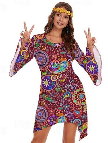  Retro Vintage 1970er 70er-Jahre Damenkostüm Glockenärmel Hippie Disco Grafik Rundhals Damen Halloween Karneval Maskerade Party Alltagskleidung Pride Parade Erwachsene Kleid Ganzjahres