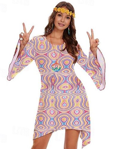  Retro Vintage 1970er 70er-Jahre Damenkostüm Glockenärmel Hippie Disco Grafik Rundhals Damen Halloween Karneval Maskerade Party Alltagskleidung Pride Parade Erwachsene Kleid Ganzjahres