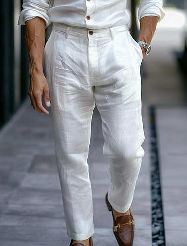  Herren Anzughose Leinenhosen Hose Sommerhose Knöpfe Gerader Schnitt Einfach Komfort Atmungsaktiv Volle Länge Geschäft Täglich Streetwear Stilvoll Schwarz Weiß