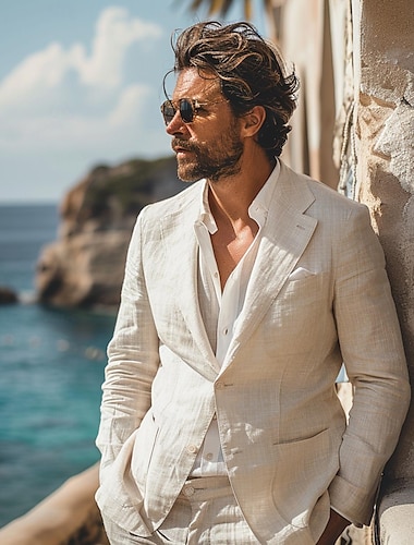  Voor heren Blazerjack Bruiloft Feest Casual Elegant Vakantie Zomer Lente Linnen Effen Kleur Enkele knoopsluiting twee knopen Blazer blauw Beige