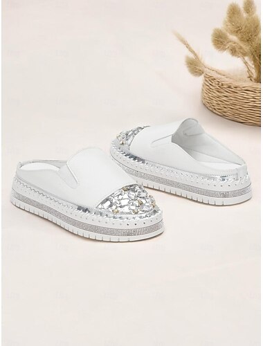  mocassins à plateforme à enfiler blancs pour femmes avec ornements en cristal - chaussures décontractées élégantes et confortables