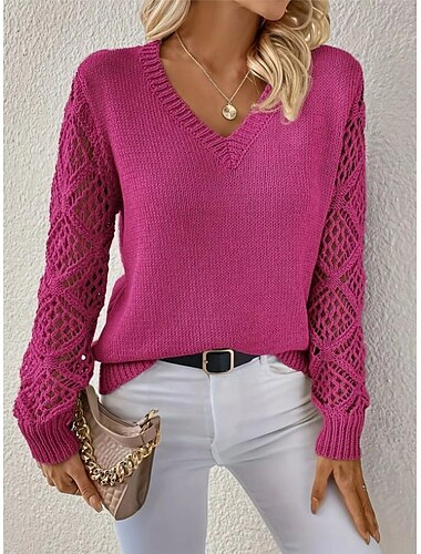  Damen Pullover Elegant Feste Farbe Gehäkelt V Ausschnitt Strick Langarm Normale Oberteile Stricken Täglich Blau Fuchsie Frühling Herbst