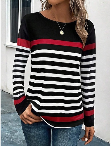  dames t-shirt casual print lange mouw normale tops ronde hals dagelijks zwart blauw oranje lente herfst