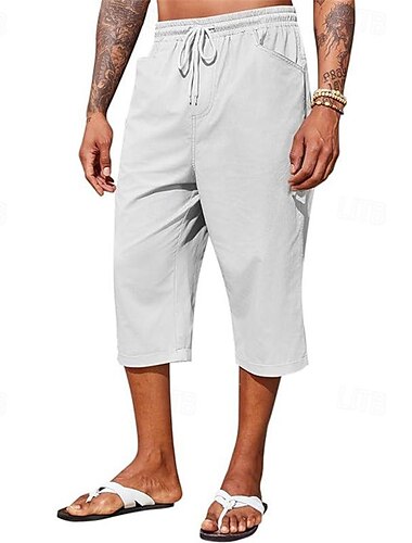  Herren Leinenhosen Caprihose Sommerhose Strandhose Tasche Kordelzug Elastischer Bund Einfach Komfort Atmungsaktiv Wadenlang Urlaub Täglich Ferien Hawaiianisch Boho Schwarz Weiß