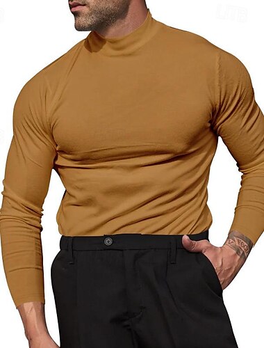  Homens Camiseta Camisetas T-shirt Camisa de manga longa Manga Longa Gola Alta Outono & inverno Tecido Moda Designer Básico Férias Rua Para Noite Preto Bege Café Top Tee para Homens