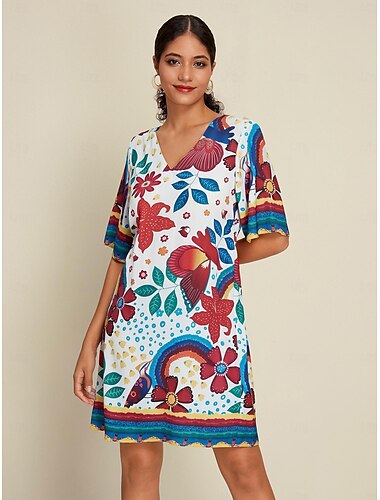  Femmes Robe Imprimée Mini Robe Blanche Demi Manches Fleurs Style Floral Impression Été Col en V Robes XS S M