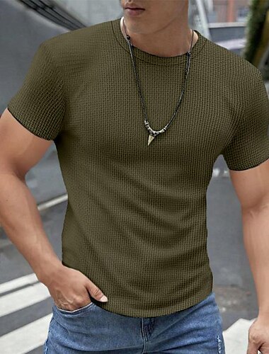  Homens Camisa Waffle Camiseta T-shirt Manga Curta Gola Redonda Verão Côr Sólida Tecido Moda Designer Básico Férias Rua Para Noite Verde Militar Preto Branco Top Tee para Homens