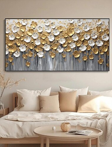  Pintura al óleo abstracta floral dorada 3d, pintura de hoja de oro limitada, lienzo de lujo ligero moderno, arte de pared, decoración de pared de habitación, regalo