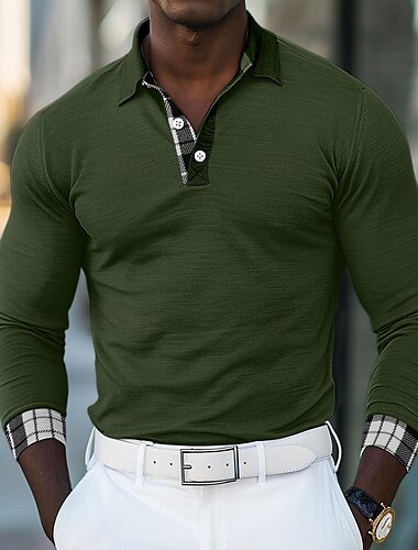 Herren Polo Golfhemd Casual Sport Kargen Langarm Modisch Basic Plaid Farbblock Patchwork Taste Frühling & Herbst Regular Fit Weiß Blau Grün Grau Polo