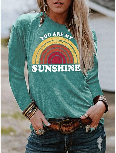  女性用 Tシャツ 虹色 ファッション 長袖 ラウンドネック レギュラートップス 日常 週末 プリント ブラック グリーン カーキ色 グレー 春 & 秋