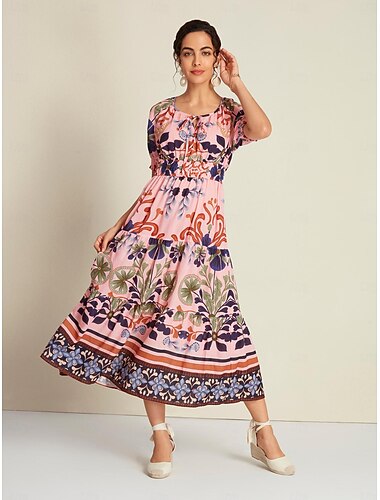  Femmes Robe Élégante Robe Midi Rose Claire Manche Courte Fleuri Cordon de serrage Printemps & Été Col à lacets Robe élégante Date S M L