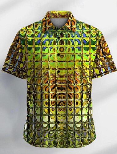  Herren Farbverlauf Metallisch Hemd Knopfhemd Kurzarm Vintage Brautkleider schlicht Urlaub Party-Abendgarderobe Täglich Sommer Umlegekragen Knopf hoch 3D-Druck Gelb Gold Grün