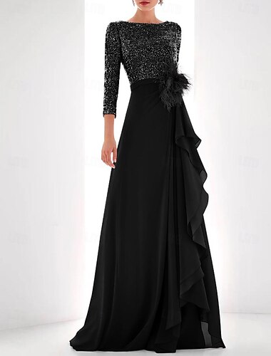  A-Linie Pailletten Abendkleid Elegantes Kleid Formelles Asymmetrisches Langarm Hochkragen Chiffon mit Federn Perlen Maskeradenkleid 2025