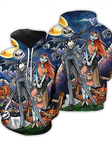  Nightmare ג'ק סקלינגטון קפוצ'ון קפוצ'ון חג המולד מצחיק 3D חג מולד כיס קדמי גרפי עבור לזוג בגדי ריקוד גברים בגדי ריקוד נשים מבוגרים חג המולד קרנבל הדפסת תלת מימד מפלגה פֶסטִיבָל