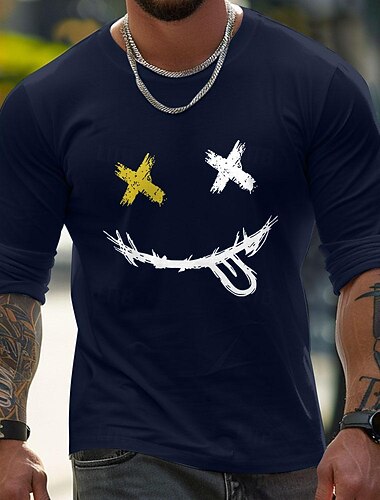  おかしい 笑顔 ブラック オレンジ ダークブルー Tシャツ 男性用 グラフィック コットン１００％ シャツ クラシック カジュアル シャツ 長袖 快適なTシャツ 春 秋 ファッションデザイナーの衣類 S M L XL XXL