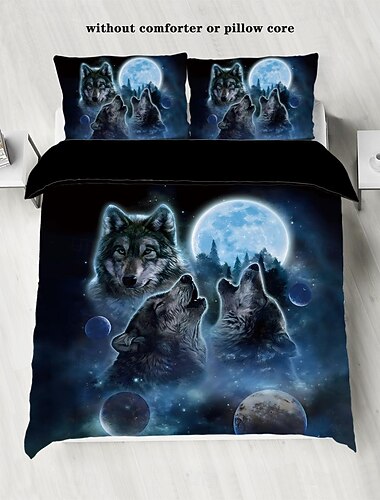  conjunto de capa de edredom lua noite lobo - inclui capa de edredom e fronhas - design místico de lobo e lua - tecido macio e confortável