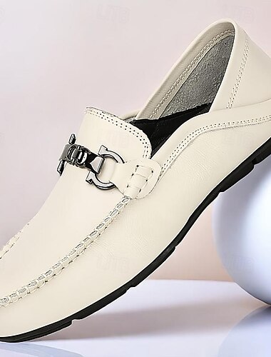  mäns loafers i vitt läder - slip-on klänningskor med metallspänne för formella och vardagliga kläder