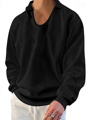  Voor heren Wafel T-shirt T-shirt T-shirts Wafelgebreid T-shirt Lange mouw Revers Lente & Herfst Effen Modieus Ontwerper Basic Vakantie Straat Uitgaan Zwart Wit Hemelsblauw Top T-shirt voor mannen