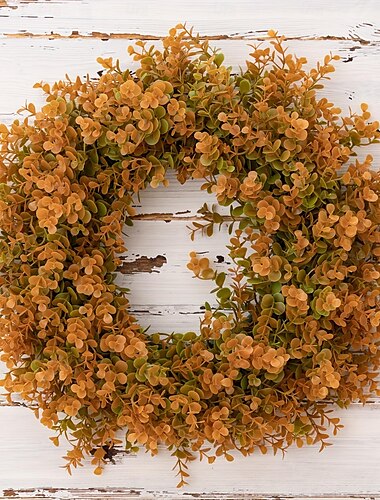  Herbstkranz mit künstlichem Eukalyptus und Blumen – Kranz aus künstlichen grünen Blättern für Haustür, Wand, Festfeier, Kamin, Fenster, Partydeko
