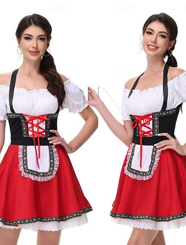  Karneval Oktoberfestbier Kostüm Kleid Dirndl Trachtenkleider Dienstmädchen Deutsch München Wiesn Damen Stoff im traditionellen Stil Kleid