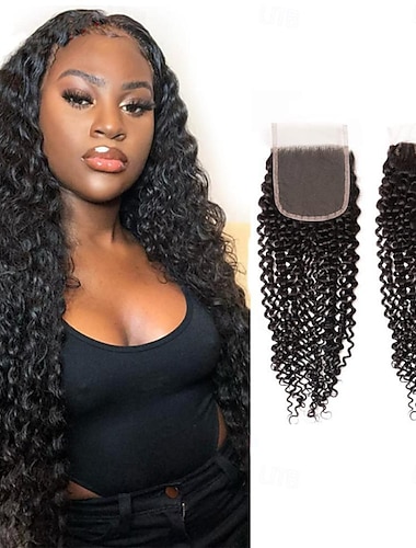  Cabello humano brasileño, rizado, cierre de encaje 4x4, 100 por ciento, cabello virgen humano remy sin procesar, prearrancado, rizado profundo, cierre kc 4x4 de 14 pulgadas