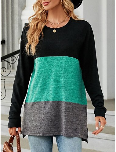  Damen T-Shirt lässig Farbblockdruck Langarm lange Oberteile Rundhalsausschnitt Alltag rot blau grün dunkelgrau Frühling Herbst