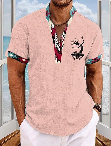  Herren Südwestlicher Druck Kokopelli Hawaiihemd Sommerhemd Aloha-Shirt Kurzarm Hemd Umlegekragen Hawaiianisch Resort Outdoor Party Karriere/ Zeremonie / Hochzeit Rosa Blau Grün S M L