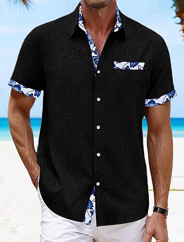  Herren Hemd leinenhemd Sommerhemd Hawaiihemd Sommerhemd Farbblock Urlaub Curise Schwarz Weiß Rosa Dunkelmarine Kurzarm Gefaltete Kragen Frühling Sommer Bekleidung Patchwork