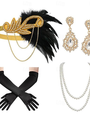 1920er Der große Gatsby Outfits Flapper-Stirnband Der große Gatsby Hochzeitsgast Kragenlos Damen Halloween Karneval Maskerade Party Maskerade Hochzeitsempfang Erwachsene Handschuhe Halskette Ohrring