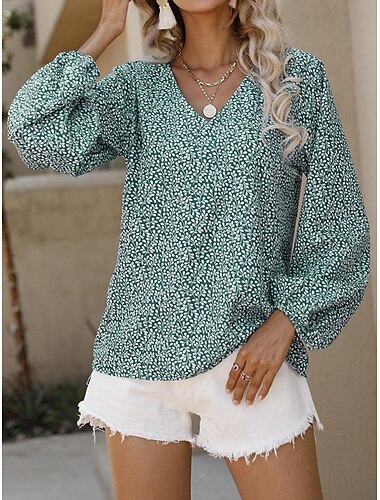  Damen Hemd Bluse Casual Blumendruck Laternenärmel Langarm Normale Oberteile V-Ausschnitt Urlaub Alltag Schwarz Rot Blau Grün Frühling&amp; Sommer