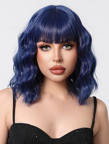  Peruca Sintética Uniformes Fantasias de Trabalho Peruca em Camadas com Risca ao Meio Feita à Máquina 22 polegadas Cabelo Sintético Azul Real Fantasia de Festa de Cosplay de Mulheres Perucas Azuis de