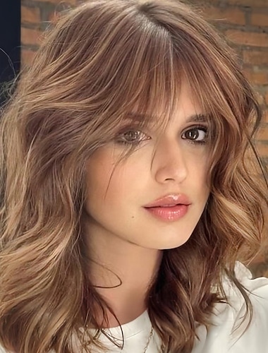  Perruques courtes bouclées avec frange, perruques ondulées pour femmes, perruques blondes synthétiques résistantes à la chaleur, longueur d'épaule, aspect naturel, ombre marron clair
