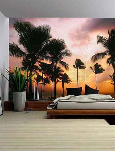  Sonnenuntergang Palmen hängen Wandteppich Kunst große Wandteppich Wandbild Dekor Fotografie Hintergrund Decke Vorhang Haus Schlafzimmer Wohnzimmer Dekoration Wandtuch XXL Natur