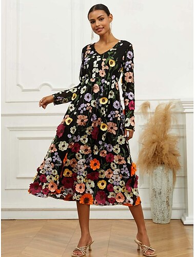  Damen Midikleid schwarzes kleid A Linie Kleid Elegant Stilvoll Bischofsärmel Hochzeitsgast Cocktailparty Normale Passform Blumen Langarm V Ausschnitt Schwarz Frühling Herbst
