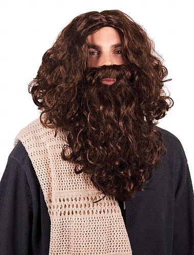  Jesusbart und Perücke für Männer für Jesuskostüm - synthetische braune Perücke mit langem Bart - Halloween, Hagrid, Höhlenmenschkostüm-Zubehör