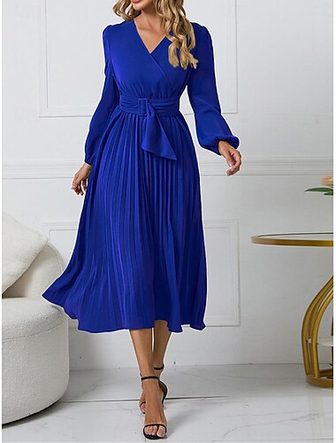  Damen Casual kleid Midikleid Rüschen Mit Gürtel Arbeit Elegant V Ausschnitt Langarm Schwarz Rote Blau Farbe