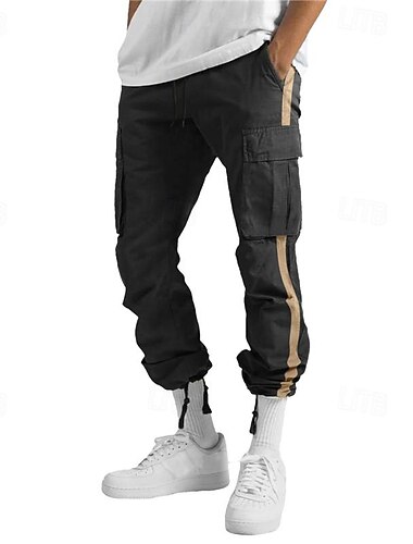  Men's Cargo Pants Cargo Trousers Drawstring Elastic Waist Multi Pocket Stripe Wearable Outdoor Daily Camping & Hiking Fashion Classic Black White