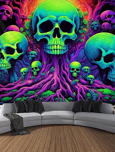  Schwarzlicht-Wandteppich, UV-reaktiv, im Dunkeln leuchtend, Totenkopfbaum, trippiger Berg, nebliger Wandteppich, Wandbild für Wohnzimmer und Schlafzimmer