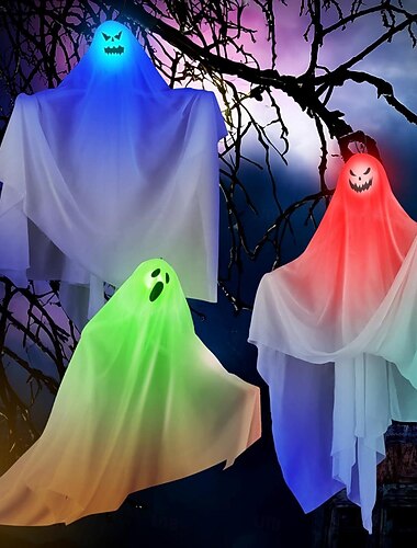  3 pezzi decorazioni di Halloween fantasma bianco illuminato luci a led appese fantasma illuminato decorazione horror porta appesa casa stregata festa di Halloween scena layout oggetti di scena