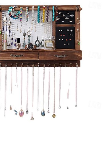  Wandgemonteerde sieradenstandaard met lade, massief houten opbergruimte voor ketting, oorbellen, armband, sieradenopslag