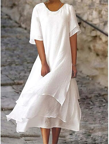  Femmes Blanche Bleu Été Printemps Robe Midi Robe Décontractée Robe en coton et lin Robe fourreau Vacances Basique Moderne Extérieur Travail Quotidien Coupe Ample Uni Col ras du cou