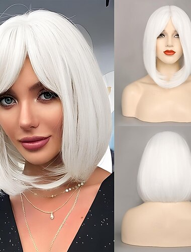  Perucas Bob Brancas para Mulheres Peruca Bob Curta com Franja 14 polegadas Perucas Lisas Sintéticas Perucas Completas Macias para Festas Diárias Perucas de Halloween