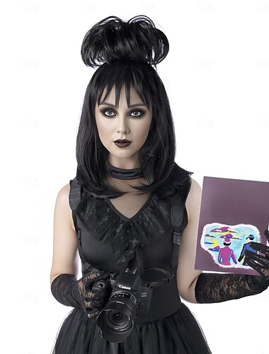  lydia deetz cosplay κοστούμι πάρτι περούκα νύφης αφράτα ψωμάκια σγουρά γυναικεία μαύρη μεσαία μακριά ίσια περούκα σκαθαριού με κτυπήματα αποκριάτικα αξεσουάρ κοστουμιών (μαύρο/λύδια)